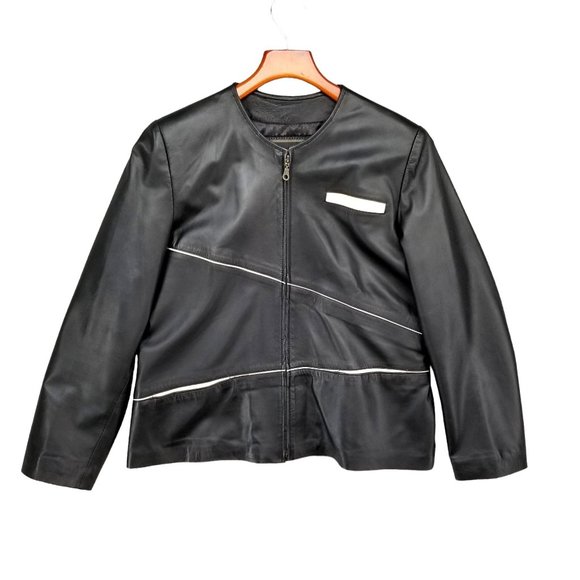 Silvia y Mario Womens Black Leather Jacket Lined Pockets Full Zip Argentina Sz M - Picture 1 of 16